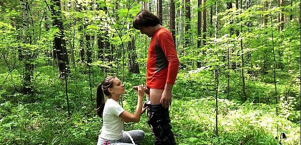  Brunette Suck Big Cock Stranger and Hard Pussy Fuck in the Forest
